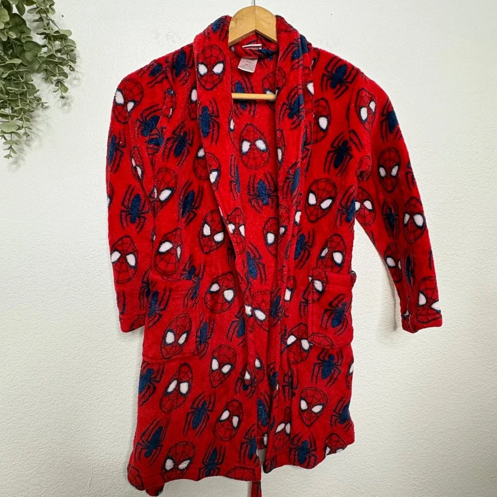 Marvel Spider-Man Kids Fleece Robe Red Blue Mask Print Size 8 Pajamas Loungewear